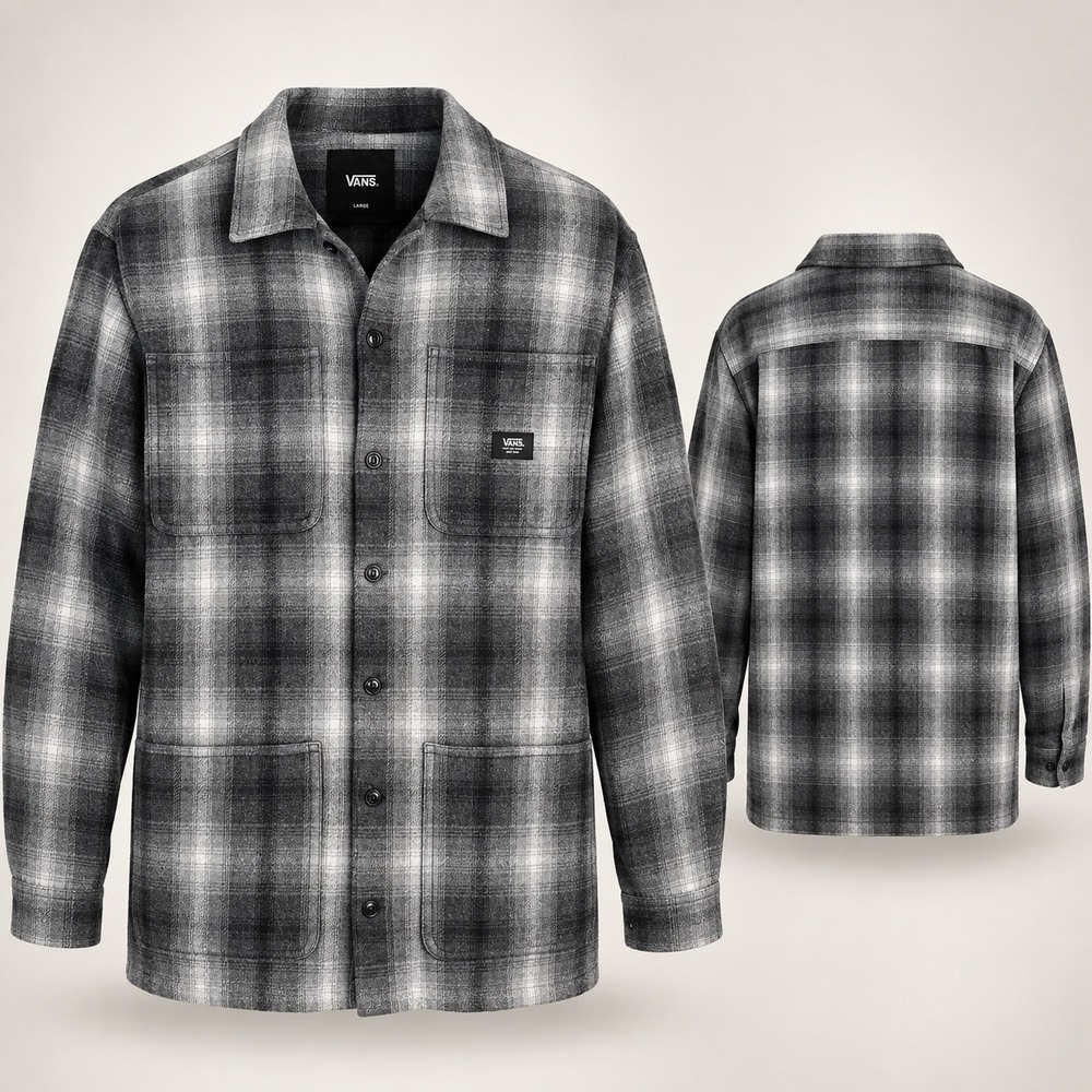 Vans Mens Large Grey Black Plaid Flannel Chore Shirt Jacket 100% Cotton